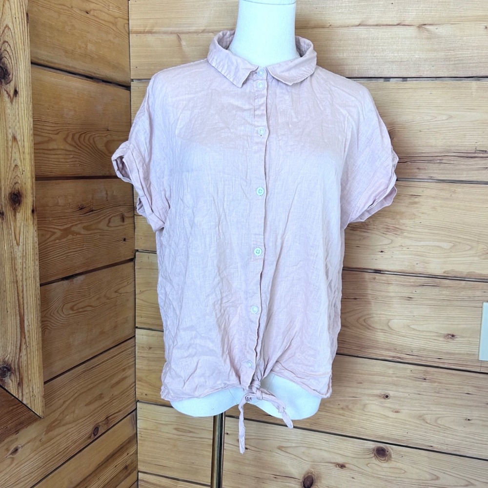 Linen Short Sleeve Button Up Shirt Womens Large Pink Coastal Jachs Girlfriend